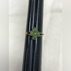 Antique Solid 10k Gold Jade and Diamond Flower Signed Size 6
